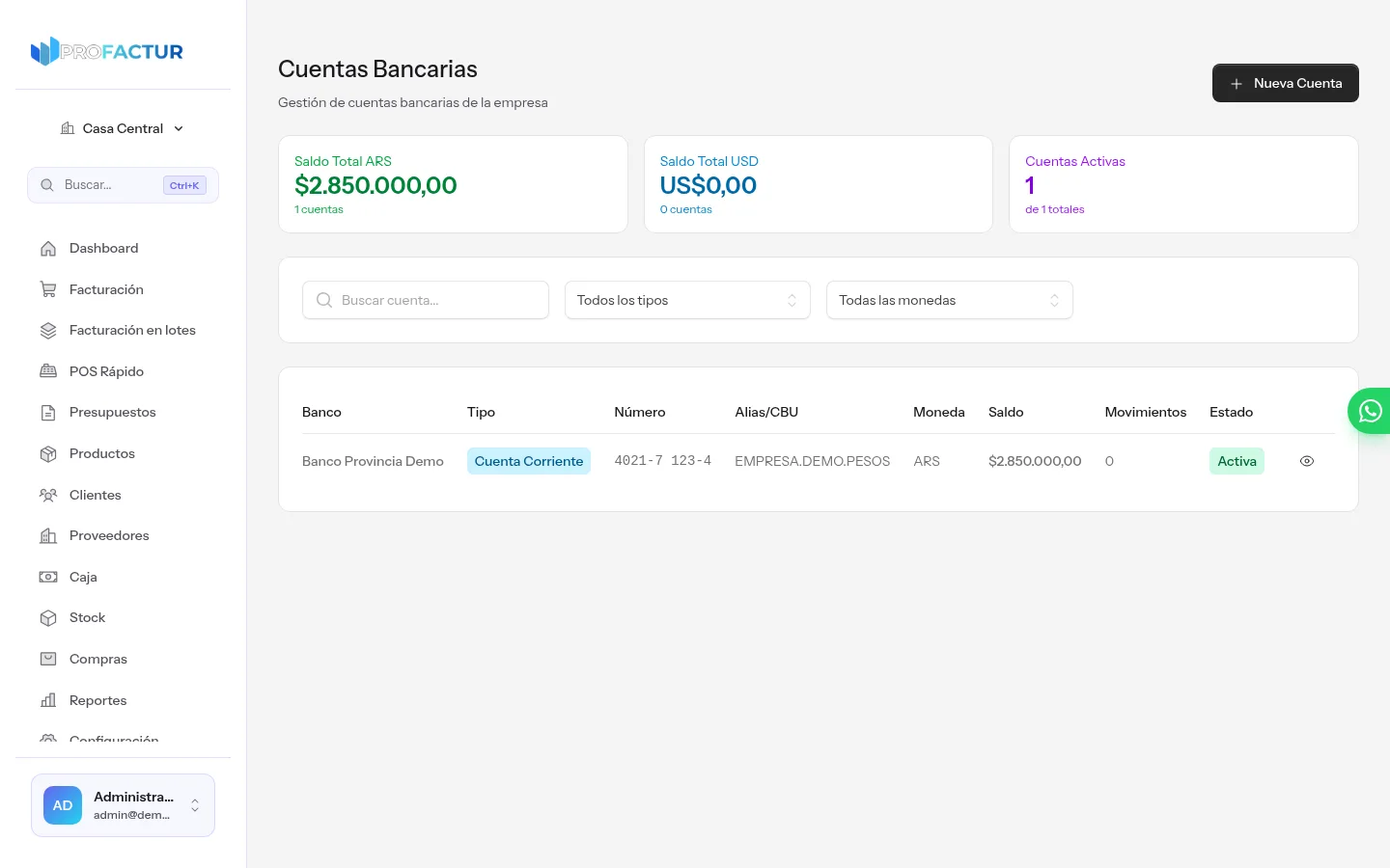 Listado de cuentas bancarias en ProFactur con saldo total en pesos y dólares, y una cuenta corriente con su número, alias, CBU, moneda y saldo