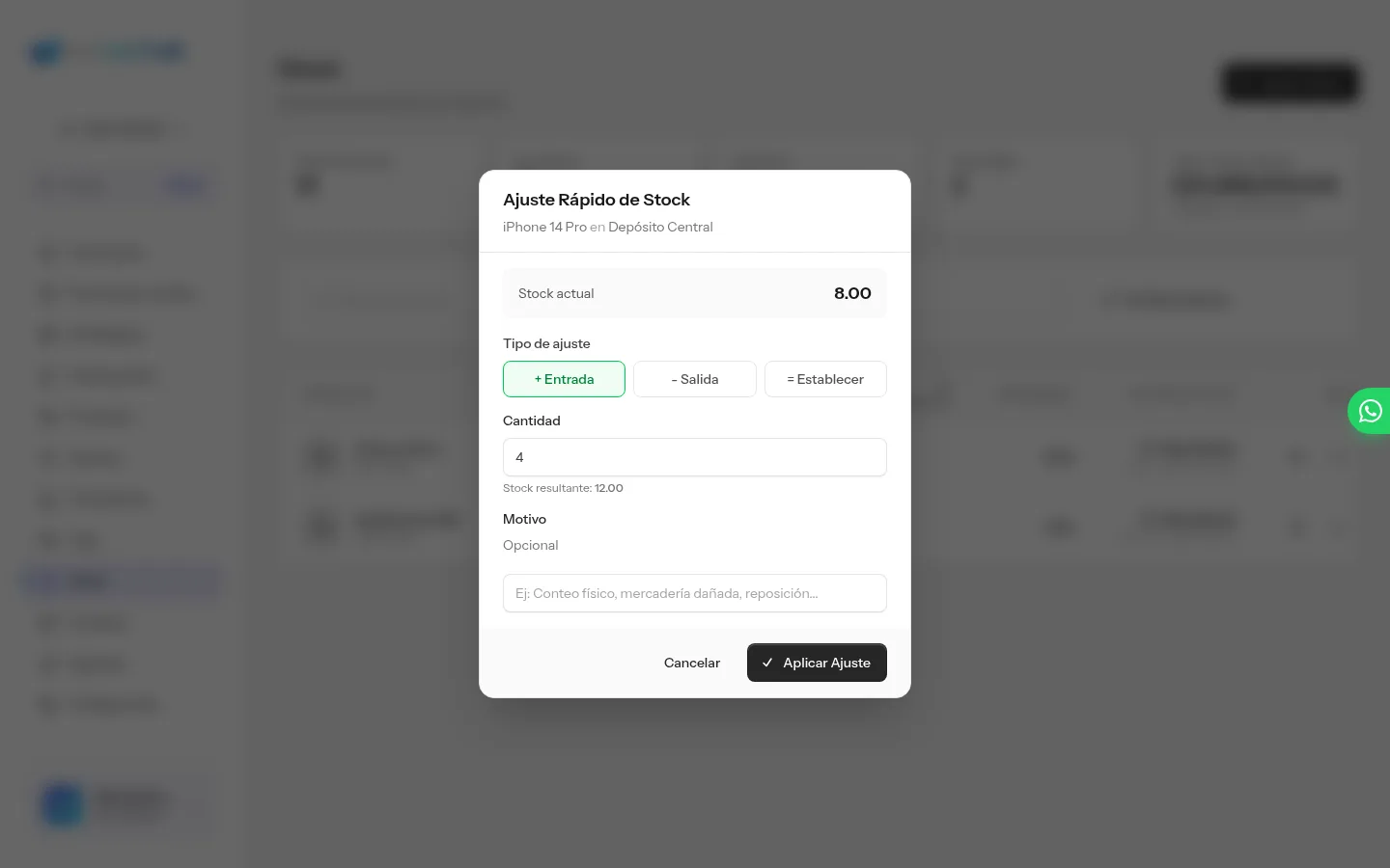 Modal de ajuste rápido de stock en ProFactur con los modos entrada, salida y establecer, el stock actual, el stock resultante y un campo de motivo