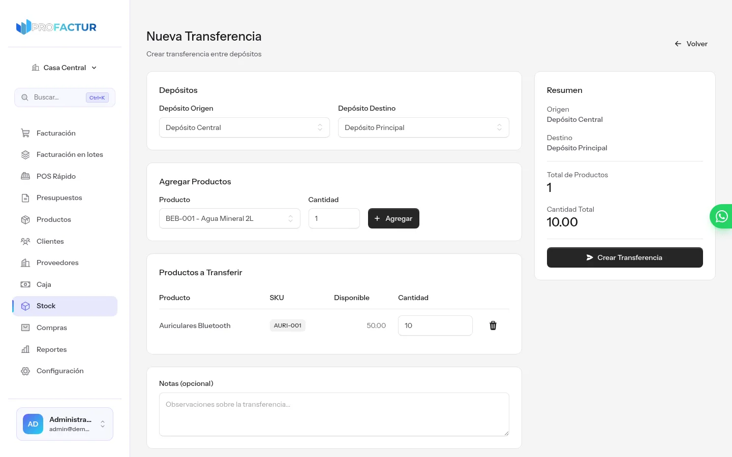 Formulario de nueva transferencia de stock en ProFactur con depósito origen y destino, un producto agregado con su stock disponible y el resumen de la transferencia