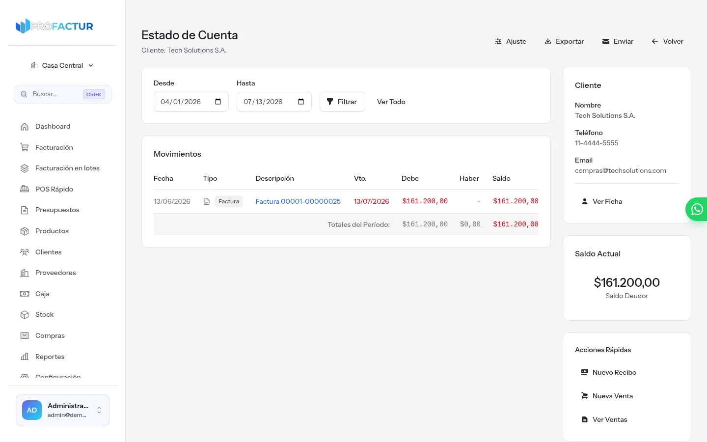 Estado de cuenta de un cliente en ProFactur con los movimientos del período, saldo deudor actual, botones de ajuste, exportar y enviar, y acciones rápidas