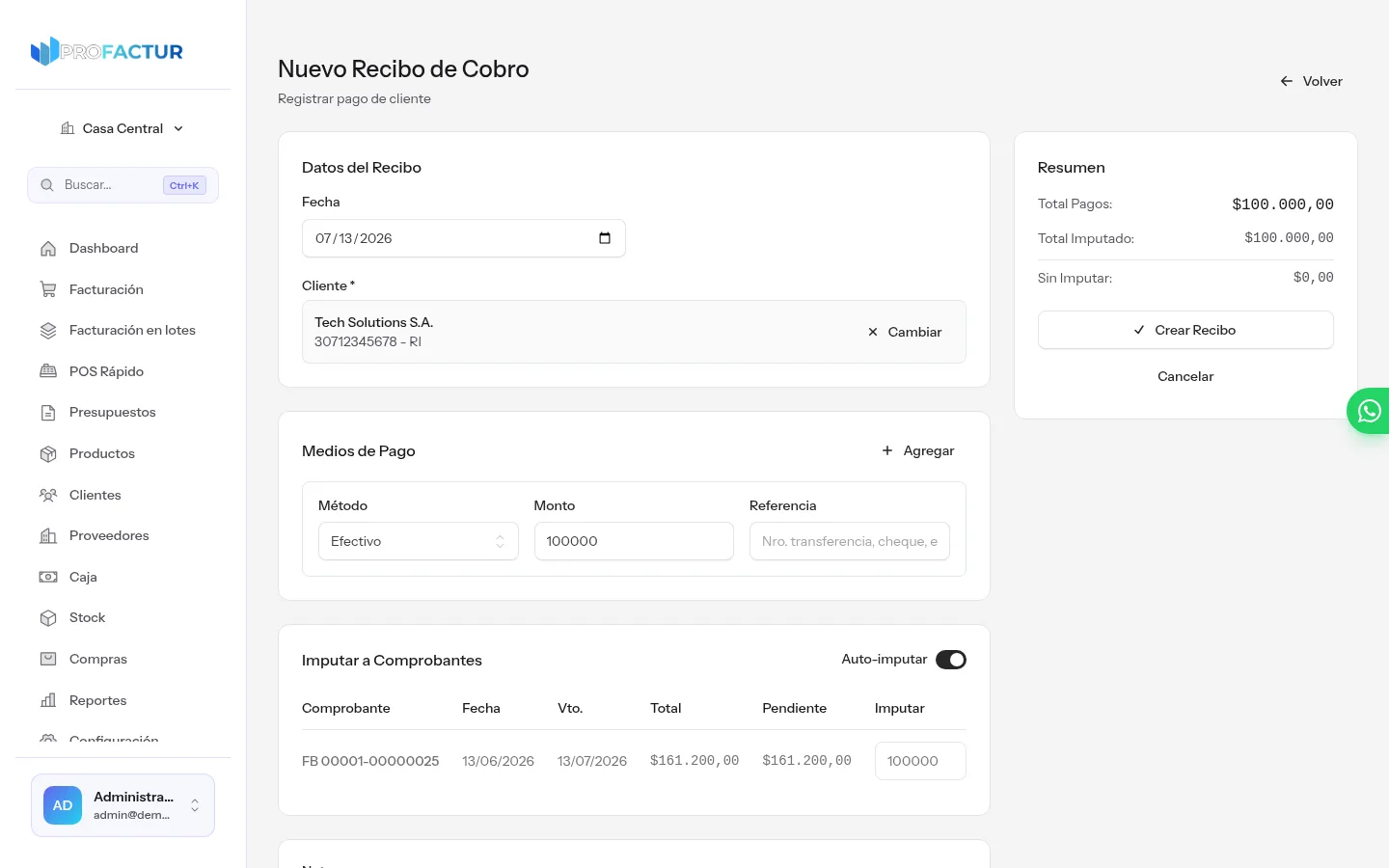 Nuevo recibo de cobro en ProFactur con el cliente seleccionado, medios de pago, la sección imputar a comprobantes con auto-imputación y el resumen de totales