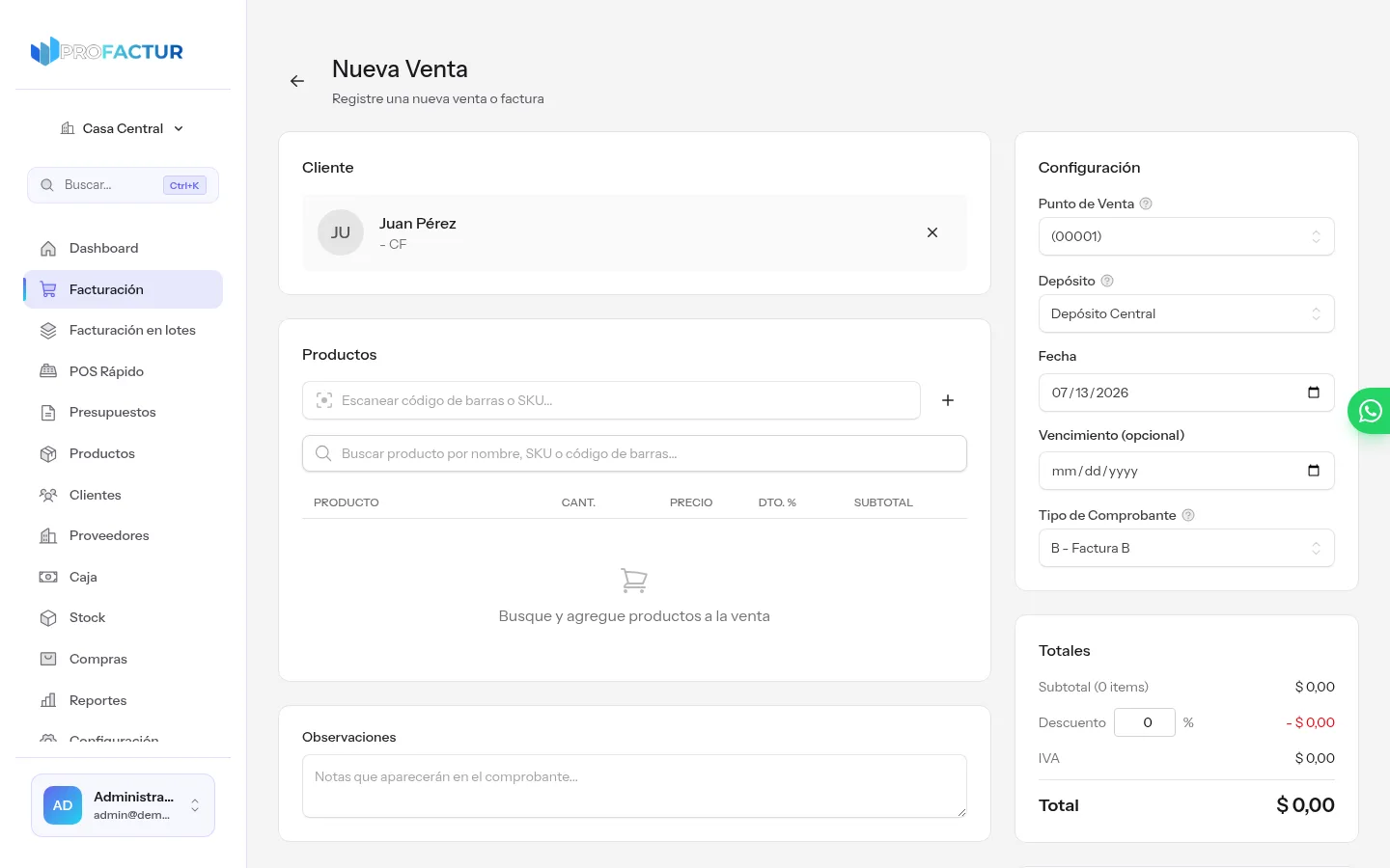 Formulario de nueva venta en ProFactur con un cliente consumidor final seleccionado y el tipo de comprobante Factura B determinado automáticamente