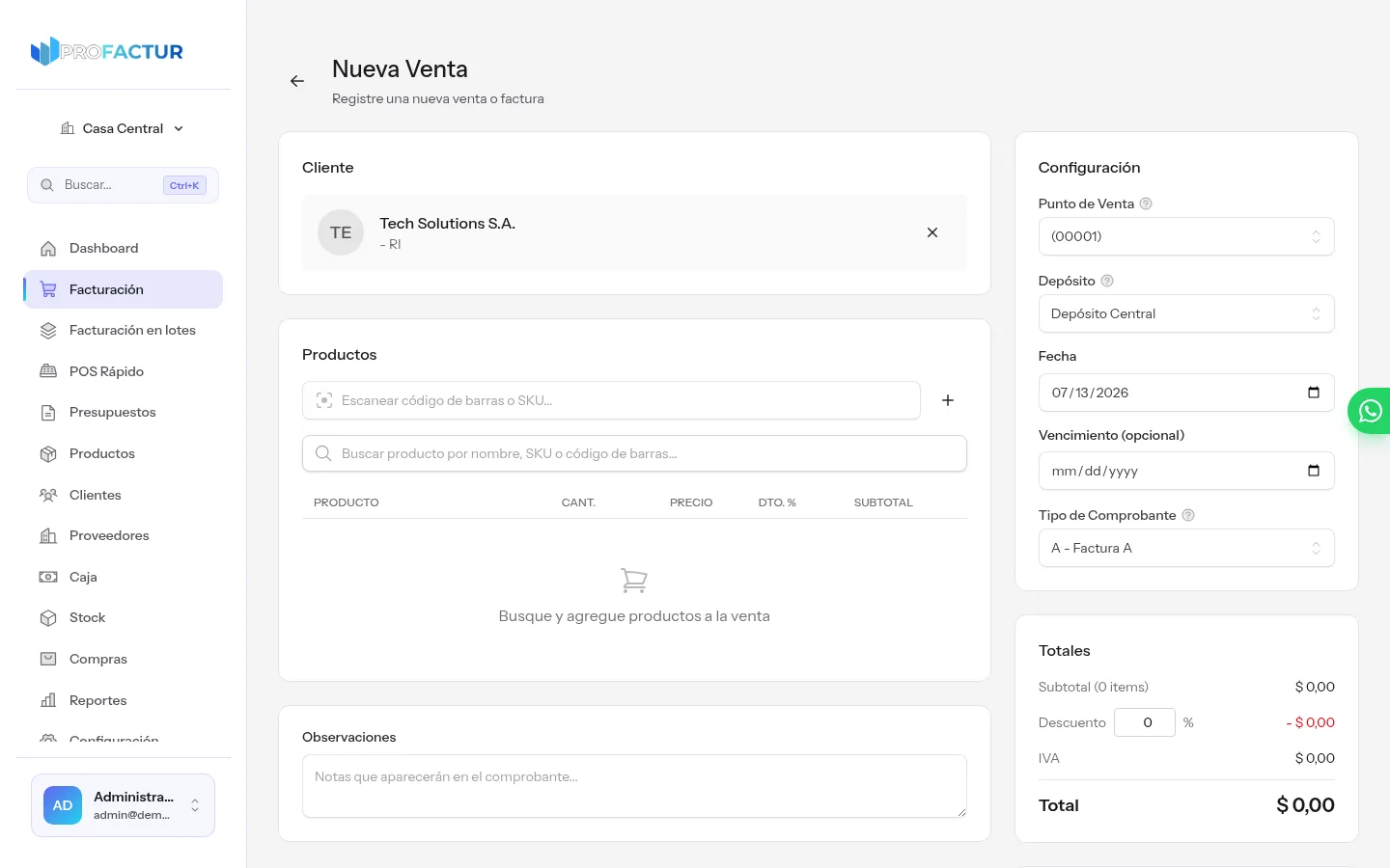 El mismo formulario de venta con un cliente responsable inscripto y el tipo de comprobante Factura A propuesto automáticamente
