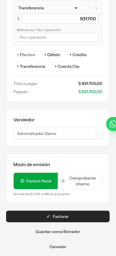 Panel de pagos y modo de emisión Factura fiscal en ProFactur, con el aviso de que se solicitará CAE a ARCA al guardar