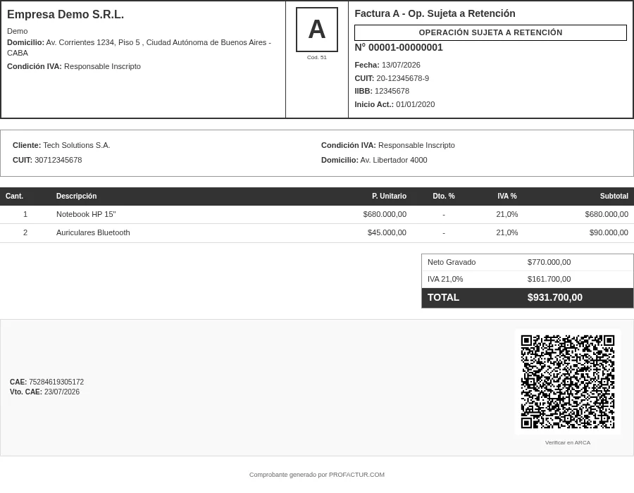 Factura A código 51 generada por ProFactur con la leyenda Operación Sujeta a Retención en el encabezado, IVA discriminado, CAE y código QR de ARCA