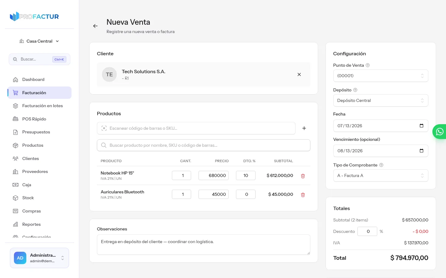 Formulario de venta detallada de ProFactur con un cliente responsable inscripto, dos productos con descuento por ítem, observaciones, punto de venta, depósito, fecha de vencimiento y tipo de comprobante