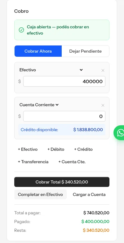 Panel de cobro de la venta detallada de ProFactur combinando efectivo y cuenta corriente, con el crédito disponible del cliente, los modos cobrar ahora o dejar pendiente y el resumen de total, pagado y resta