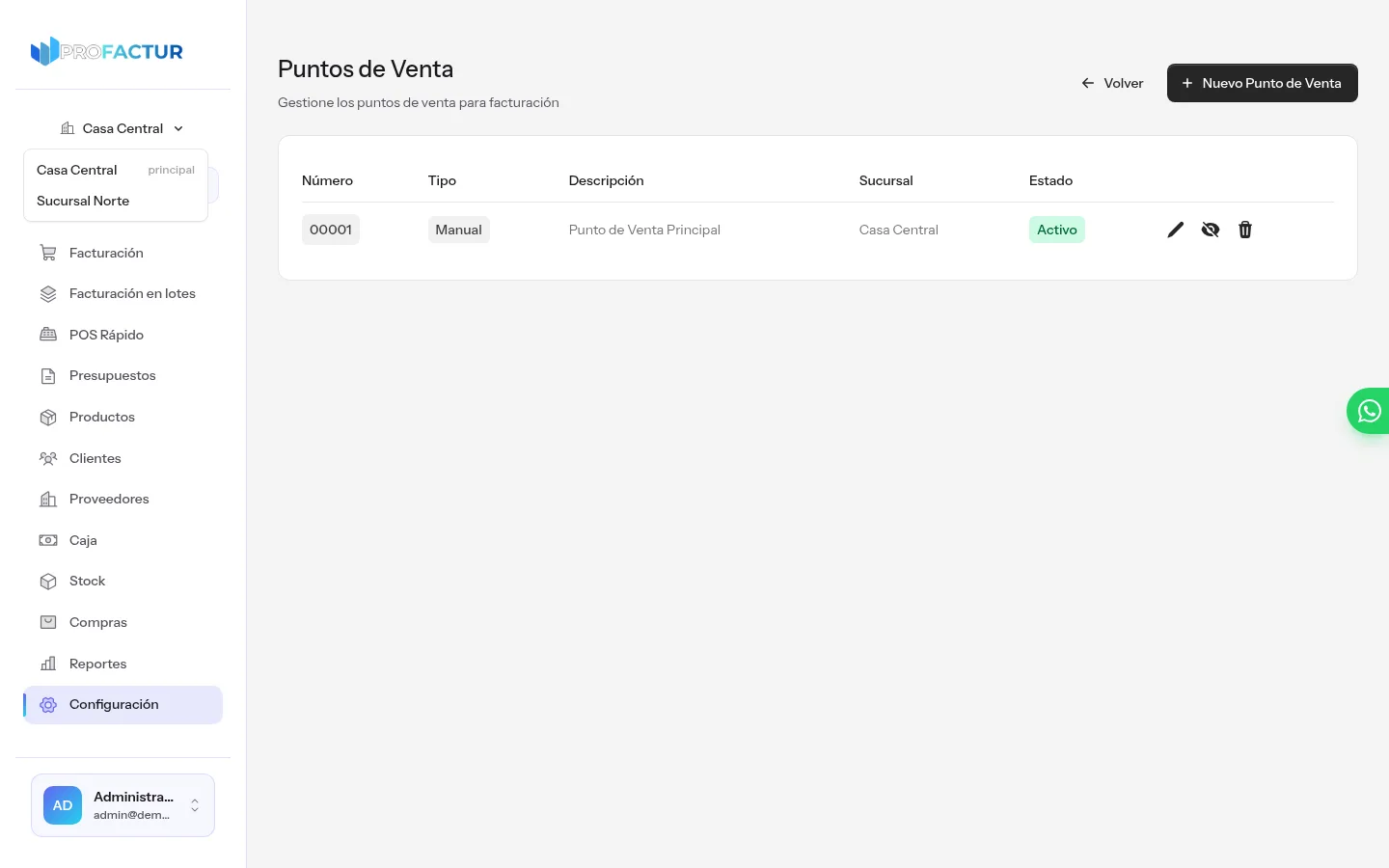 Selector de sucursal de ProFactur abierto en el menú lateral mostrando la casa central marcada como principal y una segunda sucursal