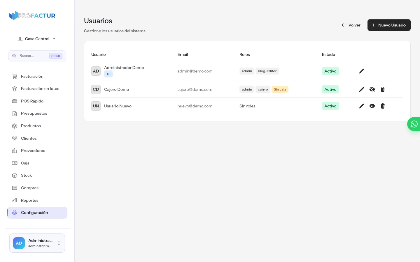 Pantalla de usuarios de ProFactur con el listado de usuarios de la empresa, sus roles asignados como admin y cajero, el aviso de cajero sin caja asignada y el botón de nuevo usuario