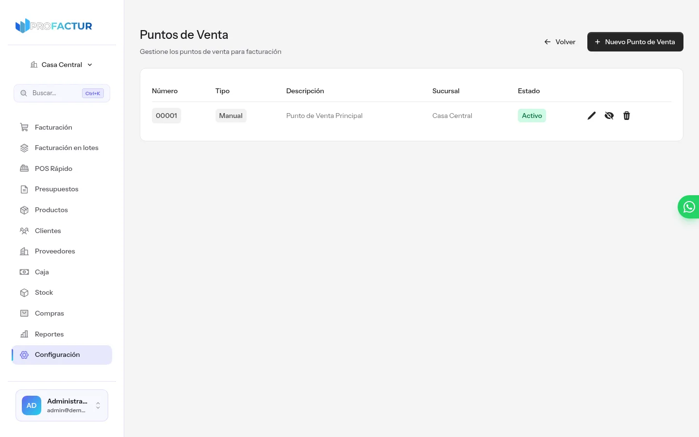 Pantalla de puntos de venta en ProFactur con el punto de venta principal, su número, tipo, la sucursal a la que pertenece y su estado