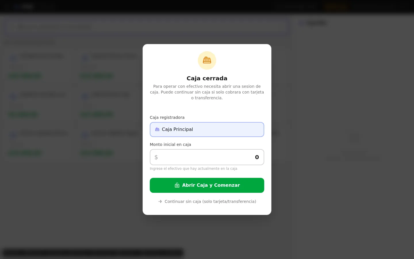 Modal de apertura de caja del POS de ProFactur con la caja registradora seleccionada, el monto inicial en efectivo y la opción de continuar sin caja para cobrar solo con tarjeta o transferencia