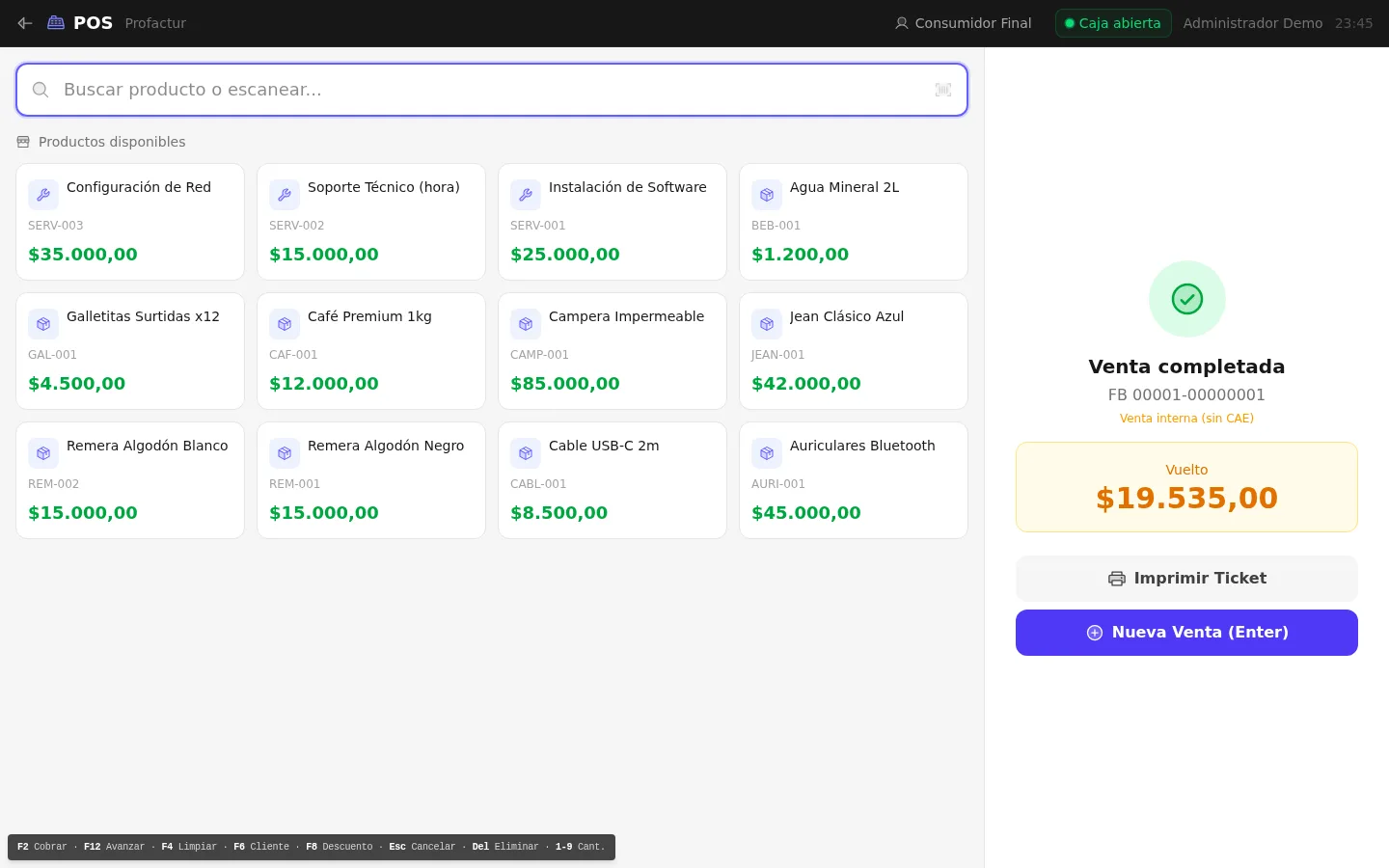 Pantalla de venta completada del POS de ProFactur con el número de comprobante, el vuelto a entregar destacado y los botones de imprimir ticket y nueva venta