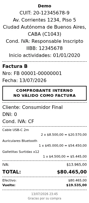 Ticket de 80 milímetros generado por el POS de ProFactur con los datos del negocio, el detalle de productos, IVA, total, pago en efectivo con vuelto y el sello de comprobante interno