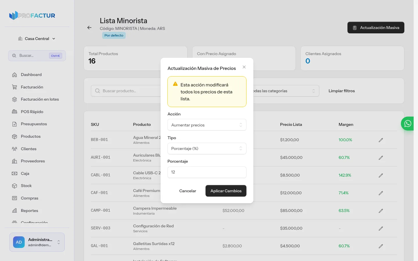Lista de precios minorista en ProFactur con el modal de actualización masiva aplicando un aumento porcentual, y la tabla de productos con costo, precio de lista y margen calculado