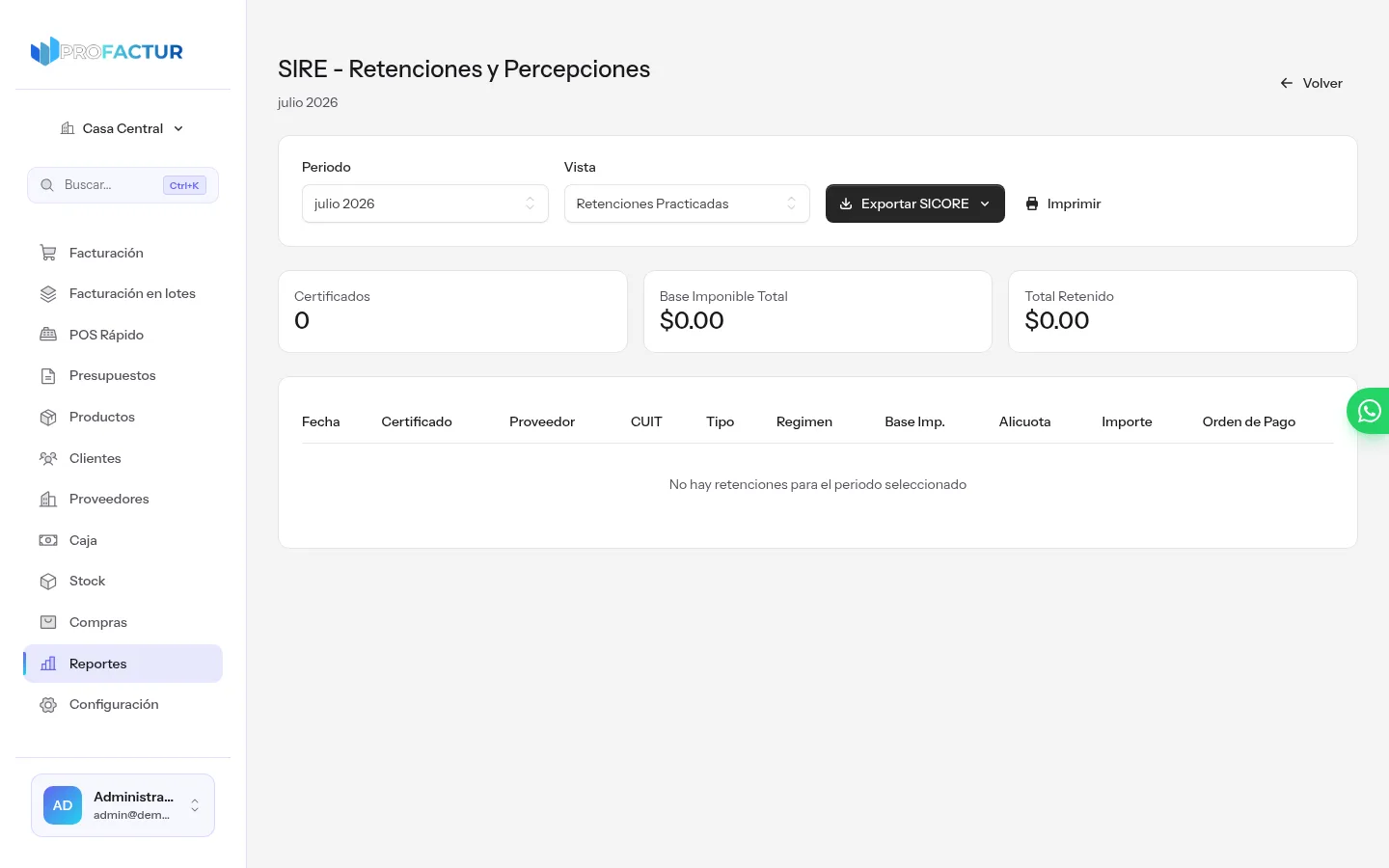 Módulo SIRE de retenciones y percepciones en ProFactur con selector de período, vista de retenciones practicadas, totales de base imponible y el botón de exportar SICORE